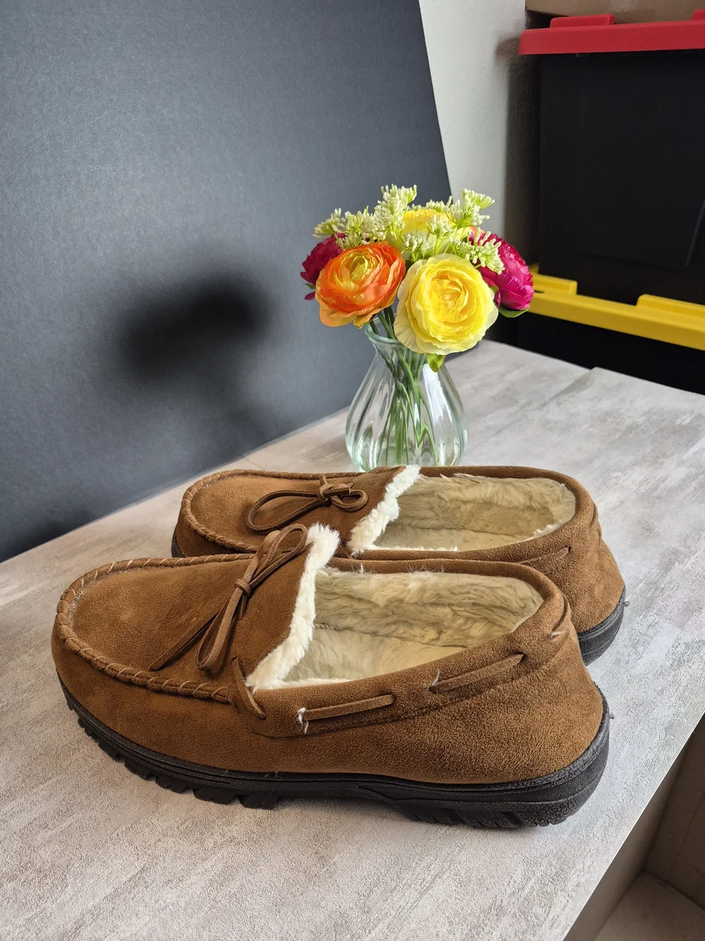 Men's Brown Faux-Suede Moccasin Slippers with Shearling Lining. Size 11
